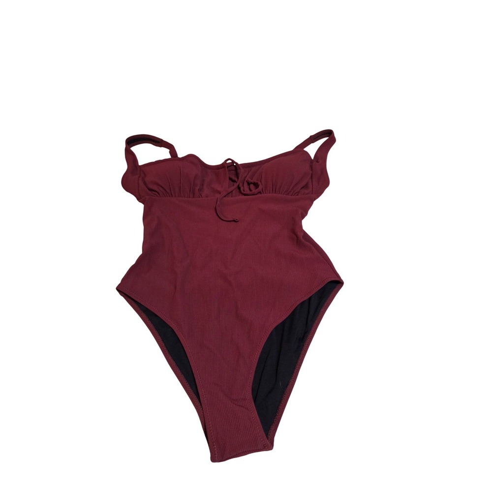 Berlook Ribbed Ruched One Piece Swimsuit Burgundy Red Recycled Adjustable Straps